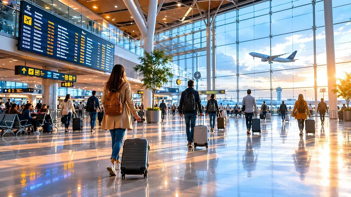 Happy family with suitcases in an airport terminal