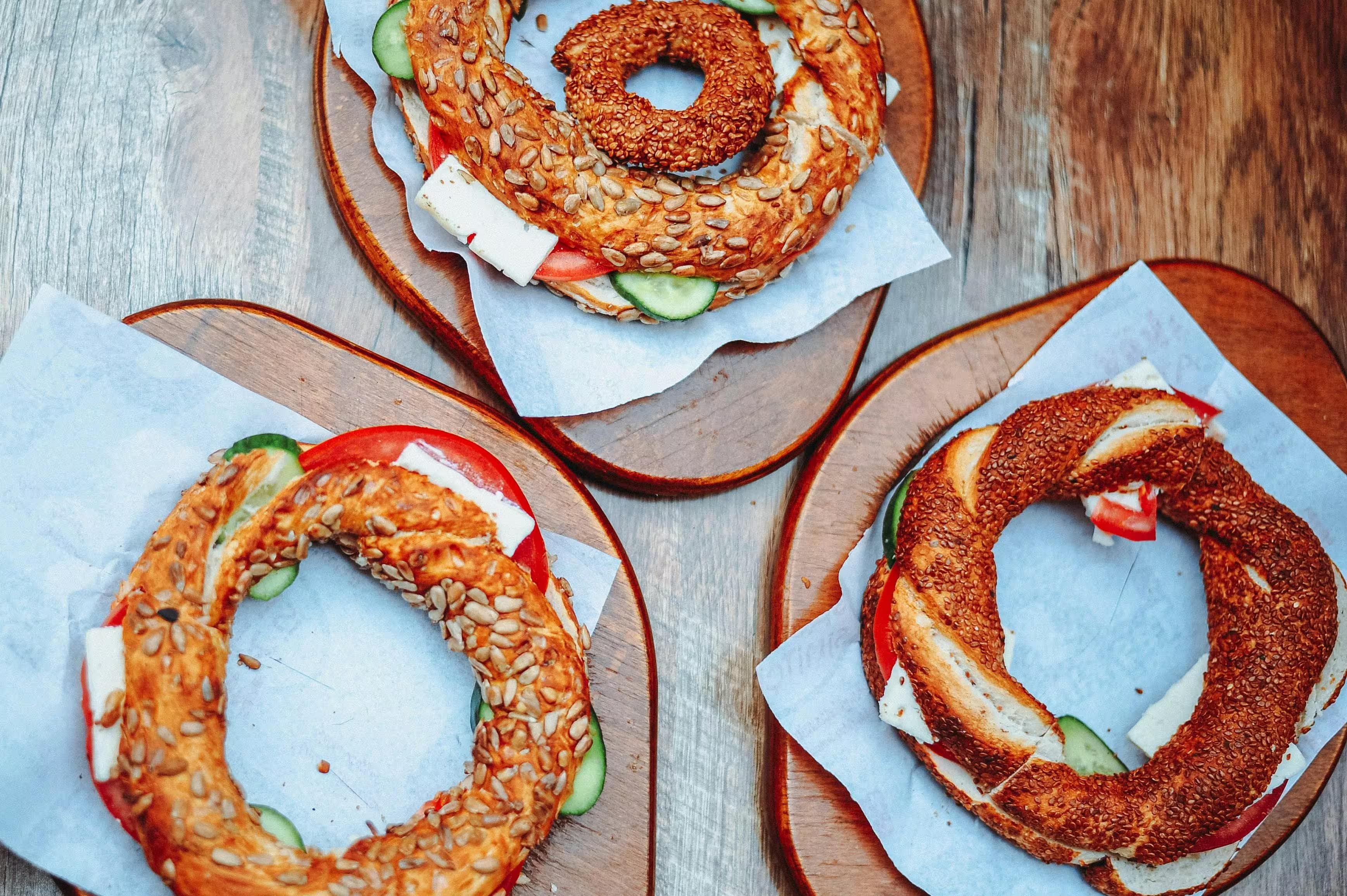 Turkish Simit with Cucumber and Tomatoes
